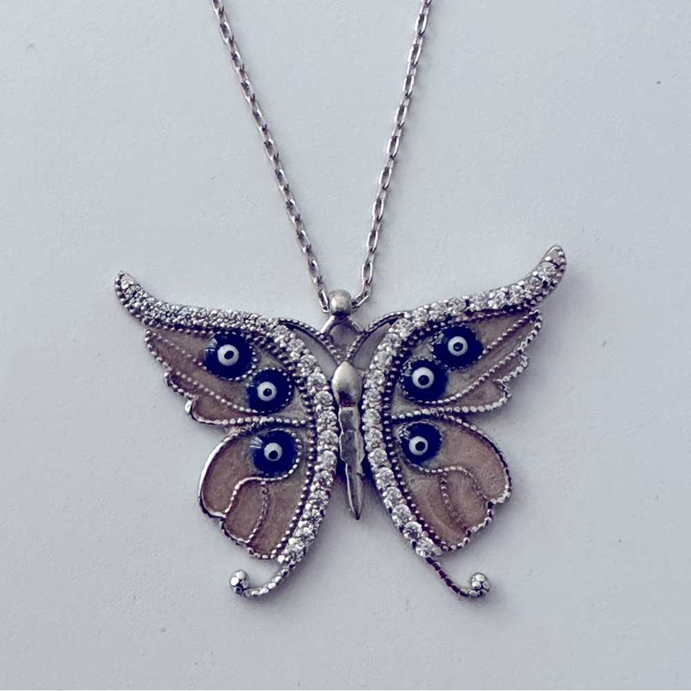 925 Silver pink butterfly evileyes clear cz stones necklace